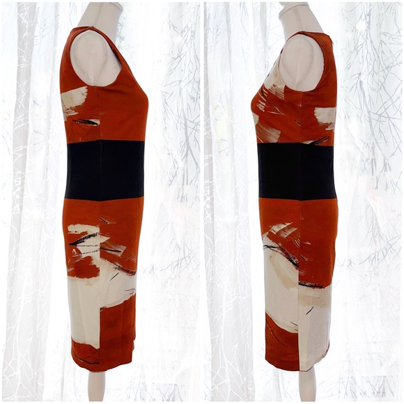 MAXMARA BROWN BLACK WHITE PRINT SLEEVELESS ROUND NECK SLIM FIT SHIFT MIDI DRESS - Picture 3 of 9
